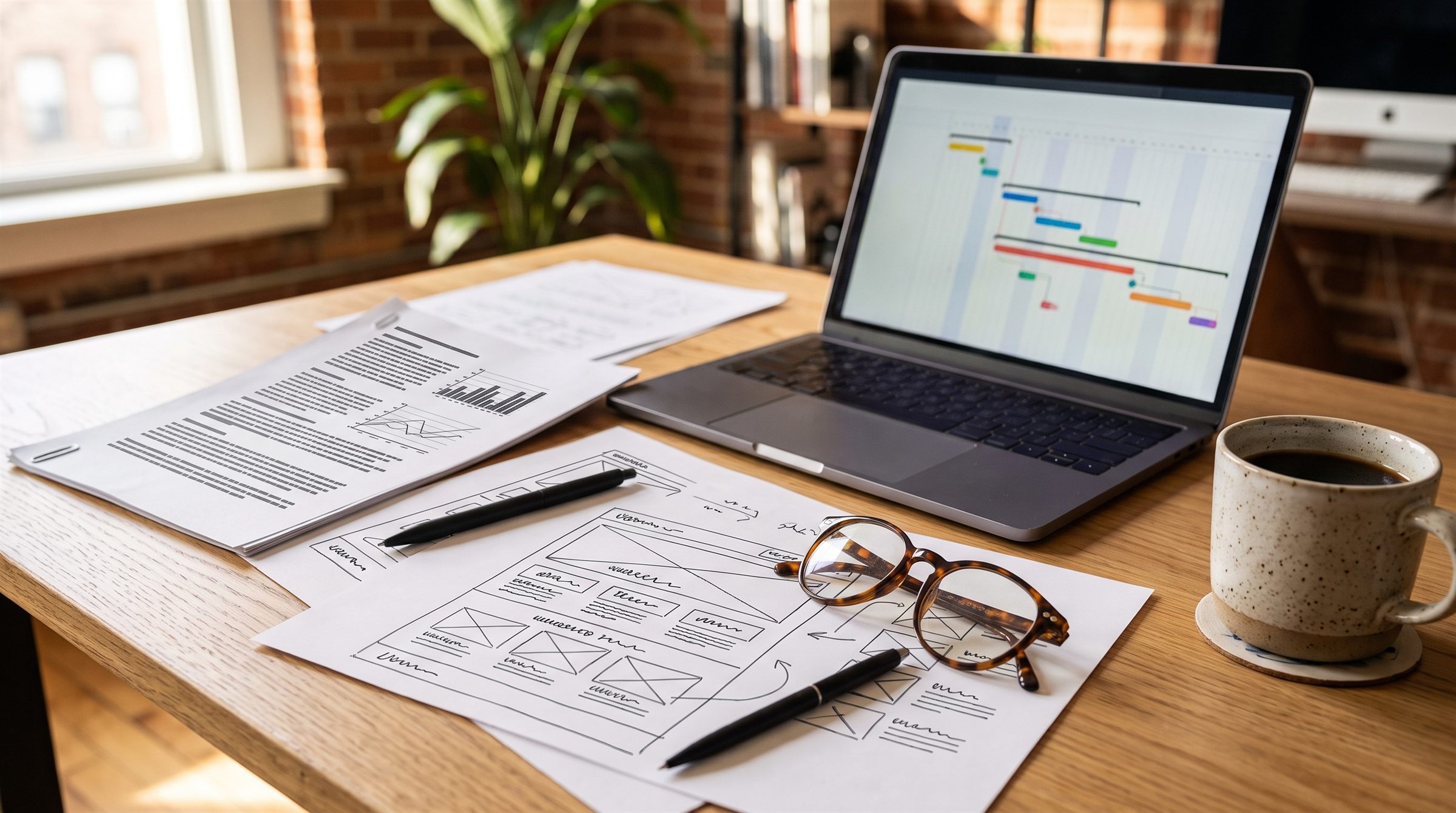 Schreibtisch mit ausgedruckten Website-Wireframes, Notizen, Brille und einem Laptop mit Projektzeitplan