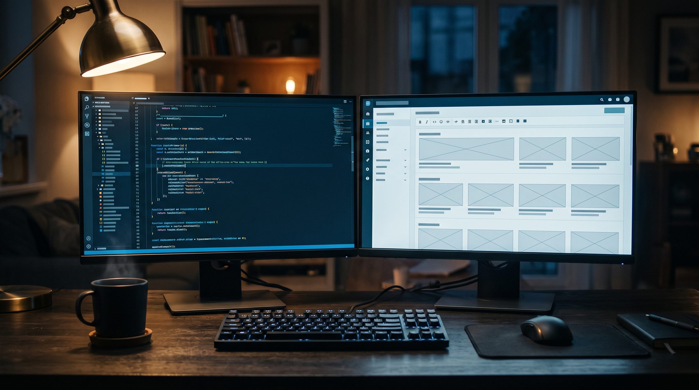Zwei Monitore nebeneinander: links Programmcode, rechts eine Content-Management-Oberflaeche mit Platzhalterbloecken