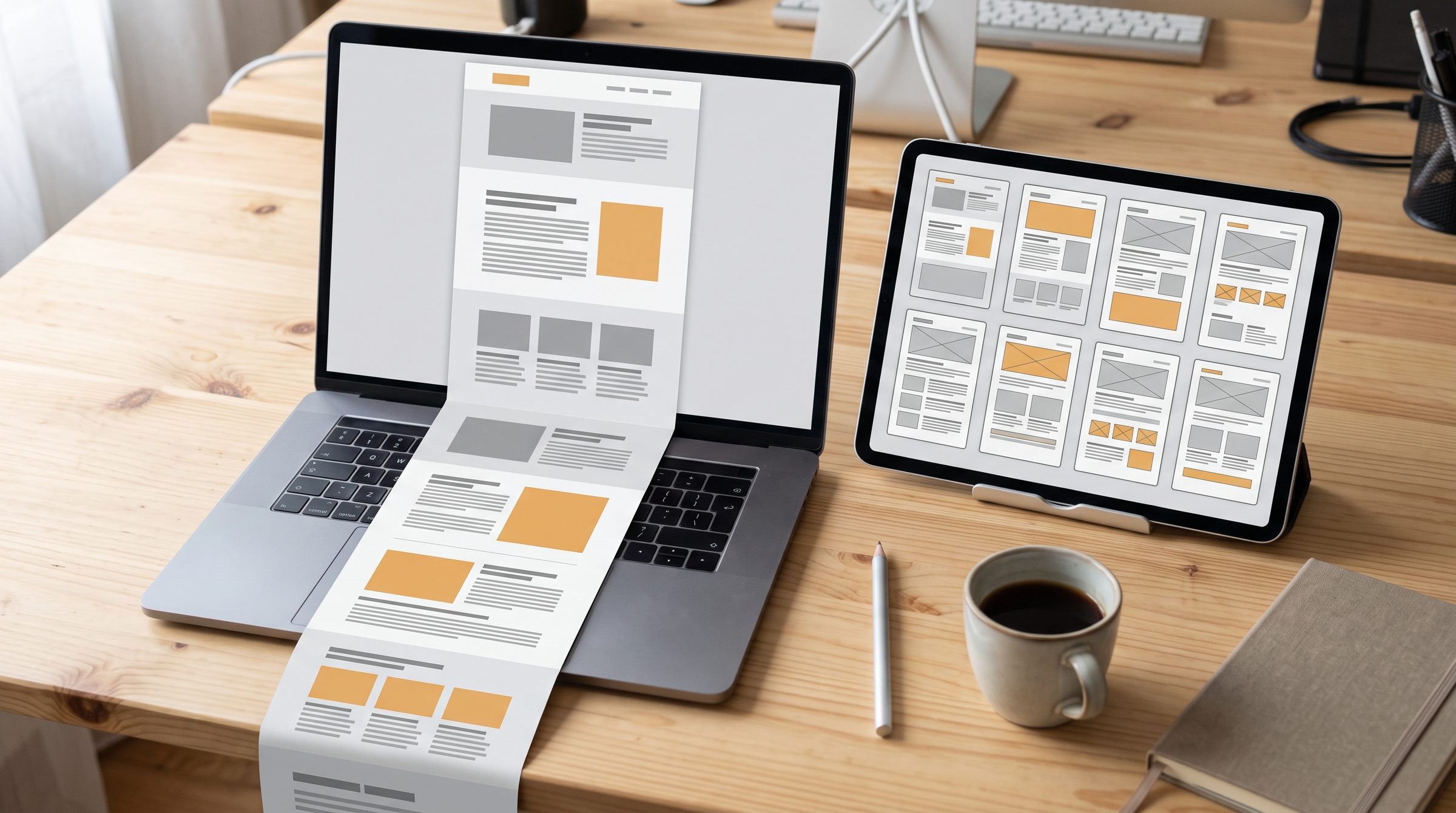 Laptop mit langer Scroll-Seite neben einem Tablet mit mehreren Einzelseiten - One-Pager oder mehrseitige Website im Vergleich